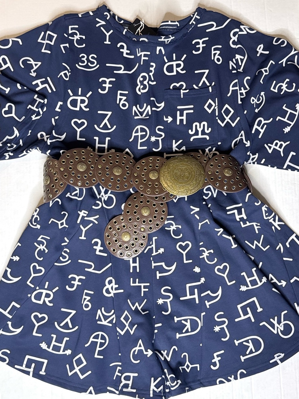 Lucky & Blessed Navy Blue and White Printed Belted Jumpsuit